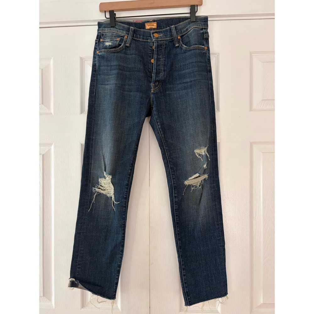 Mother Denim Distressed Straight Leg Jeans Dark Wash Raw Hem Size 26
